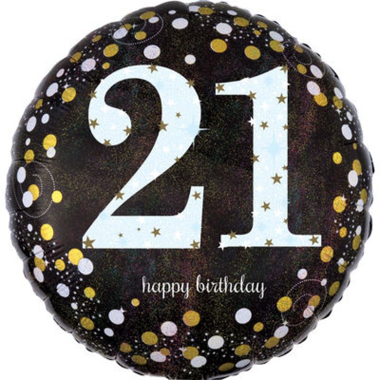 Anagram Age 21 Happy Birthday Black/Gold Foil Helium Balloon