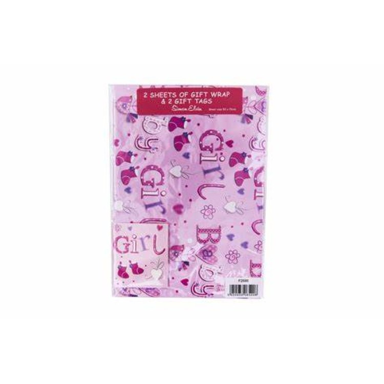 Baby Girl 2 Sheets 2 Tags Gift Wrap