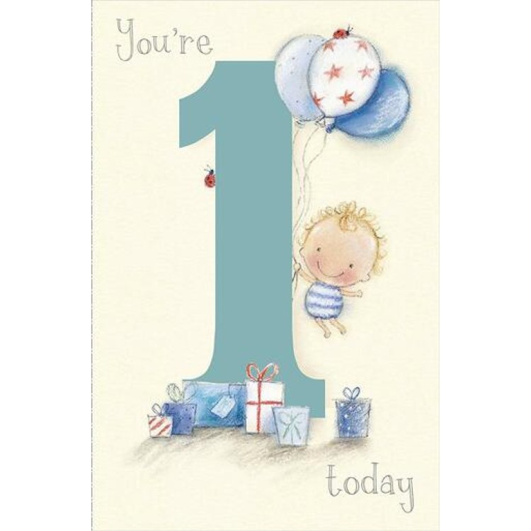 Boy With Balloons Age 1 Card
