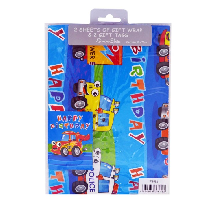 Cartoon Cars 2 Sheets 2 Tags Gift Wrap