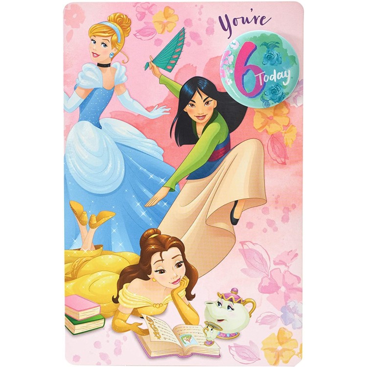 Disney Princess You're 6 Today Birthday Card With Badge