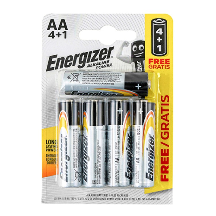 Energizer Alkaline Power AA (LR6) Batteries 4+1 Pack