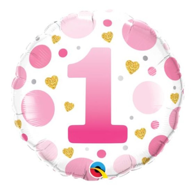 Qualatex Age 1 Pink & Gold Dots Microfoil Helium Balloon