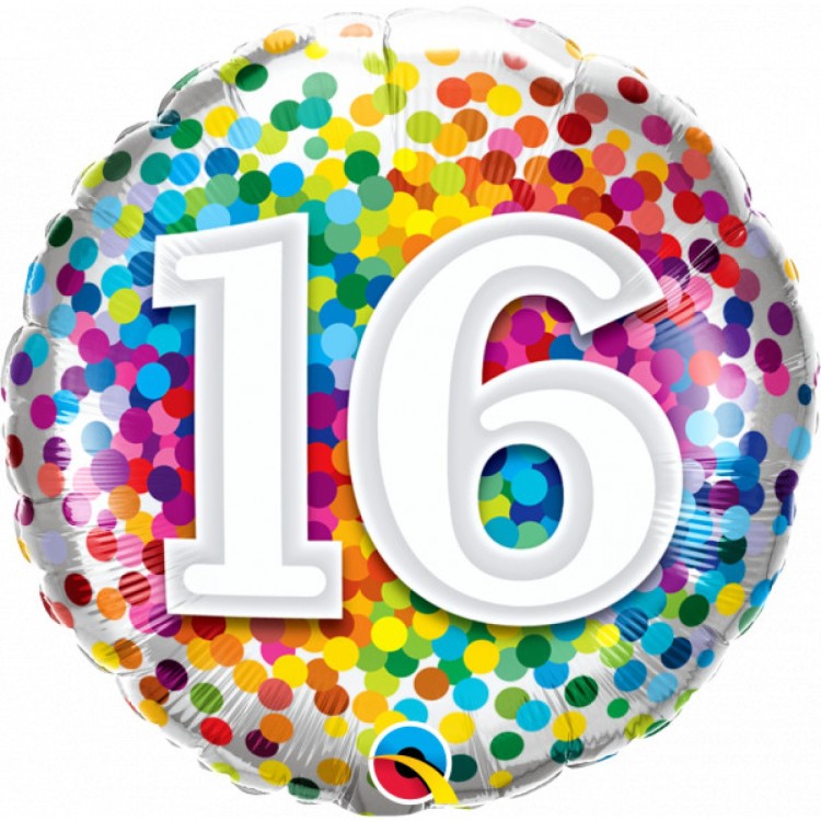 Qualatex Age 16 Rainbow Confetti Microfoil Helium Balloon