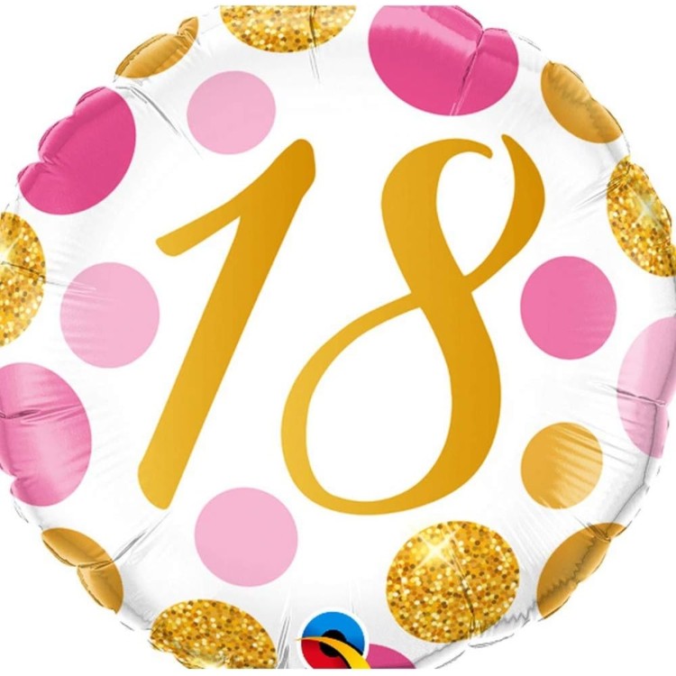 Qualatex Age 18 Pink & Gold Dots Microfoil Helium Balloon