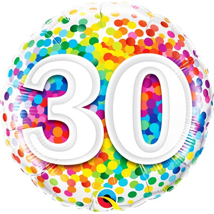 Qualatex Age 30 Rainbow Confetti Microfoil Helium Balloon