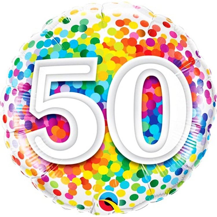 Qualatex Age 50 Rainbow Confetti Microfoil Helium Balloon