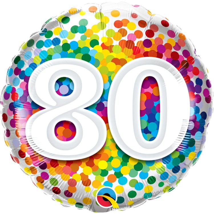 Qualatex Age 80 Rainbow Confetti Microfoil Helium Balloon
