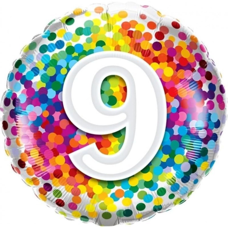 Qualatex Age 9 Rainbow Confetti Microfoil Helium Balloon