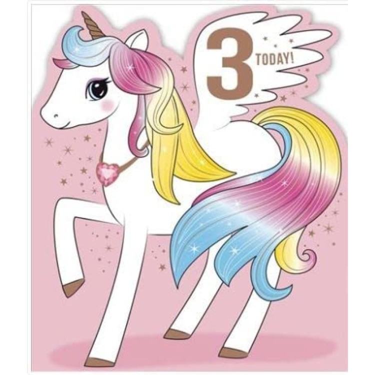 Unicorn Shaped Age 3 Birthday Card